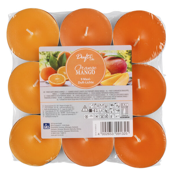 AAO Maxi-Duftlichte, in Metallhülsen, 3 abgestufte Farbtöne, 9er-Flatpack Orange-Mango (gelb-orange-dunkelorange)